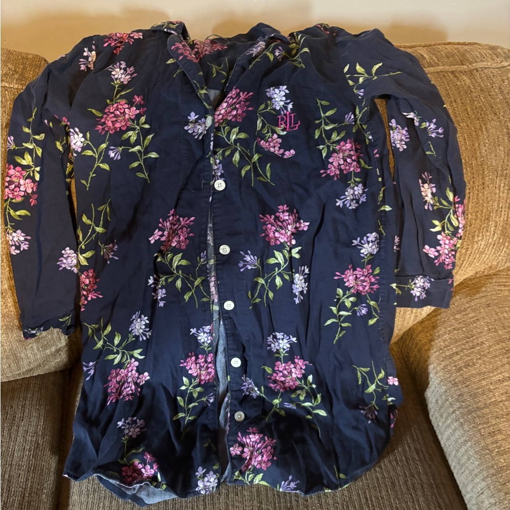 Ralph Lauren Navy Shirt with Pink and Green Floral Design